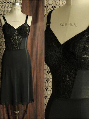 Vintage 1960s Black Full Slip, Caresse Lingerie Combine Girdle Corselette Bodice